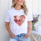 Patchwork heart Valentine DTF heat transfer on lifestyle t shirt mockup