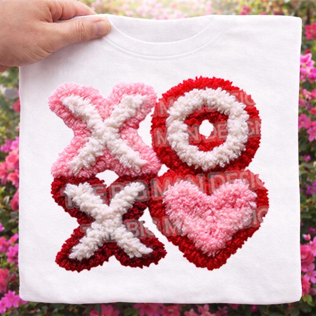 XOXO Valentine faux chenille style DTF heat transfer on white tshirt with textured heart design- close up so you can see the texture