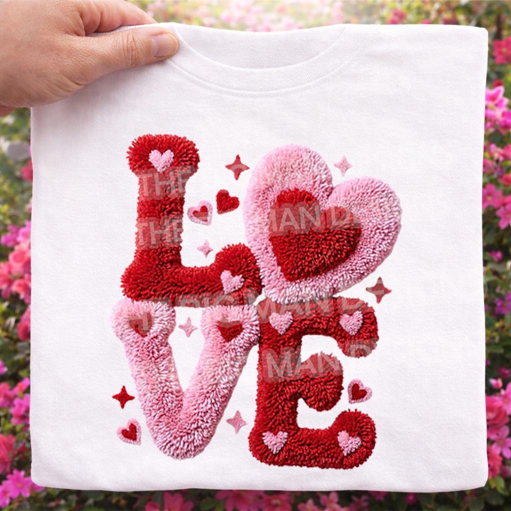 white LOVE chenille style Valentine DTF heat transfer design mockup ready to press- close up to see the texture