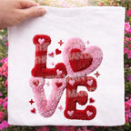 white LOVE chenille style Valentine DTF heat transfer design mockup ready to press- close up to see the texture