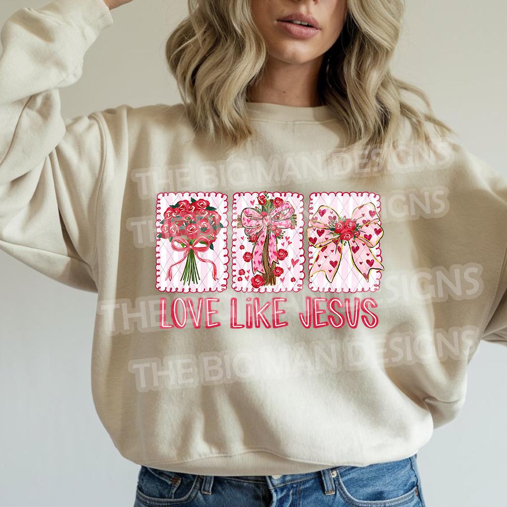 Love Like Jesus Christian Valentine floral bow cross design on beige sweatshirt