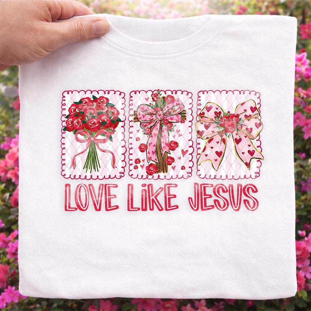 Love Like Jesus Valentine faith shirt with floral bow cross design outdoors mockup