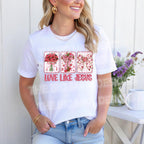 Christian Love Like Jesus Valentine floral bow cross shirt worn by female model