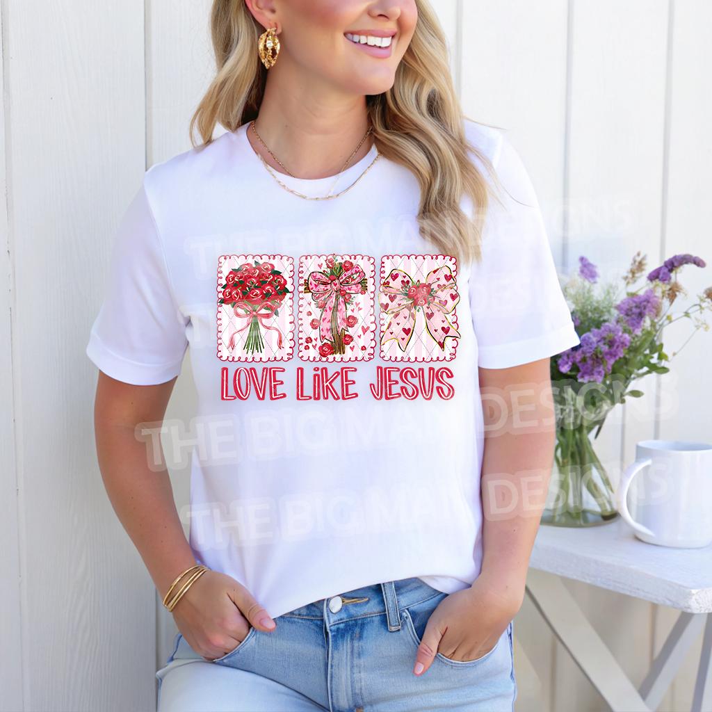 Christian Love Like Jesus Valentine floral bow cross shirt worn by female model