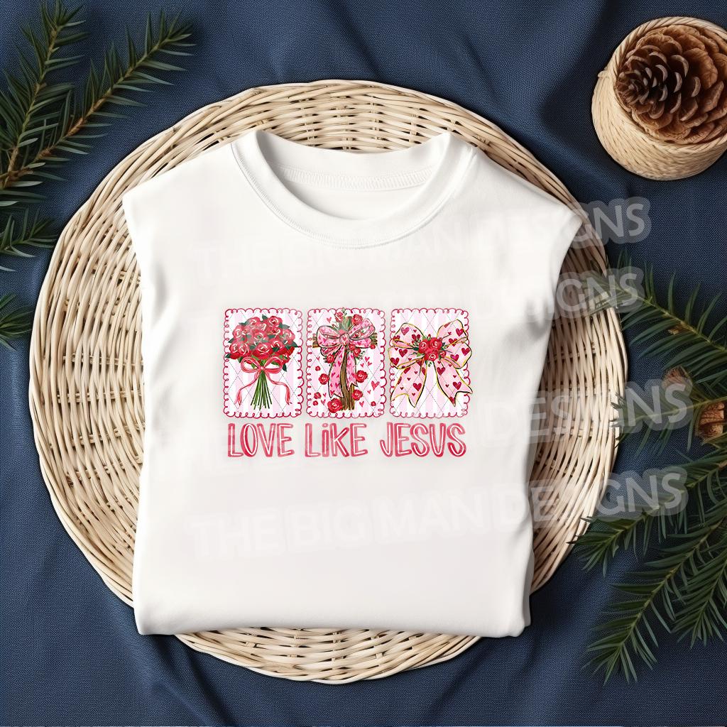 Love Like Jesus religious Valentine heat transfer design on folded shirt mockup