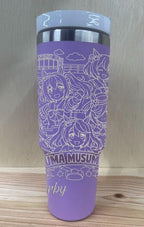 Back view of Uma Musume Pretty Derby anime laser engraved 40oz tumbler showing detailed character artwork on purple stainless steel cup