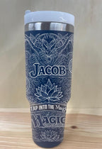 Magic The Gathering images on blue 40 oz tumbler with steel design