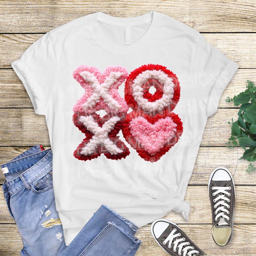 XOXO heart Valentine DTF transfer displayed on white t-shirt flat lay heat press ready design