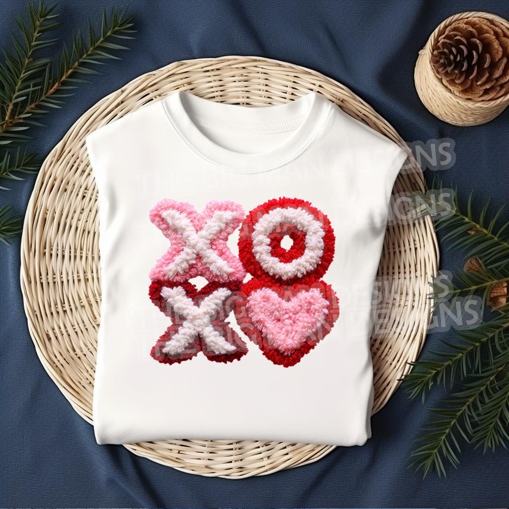 XOXO chenille look heart DTF heat transfer folded shirt flat lay product mockup