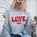 Crochet style LOVE Valentine DTF heat transfer on lifestyle t shirt mockup