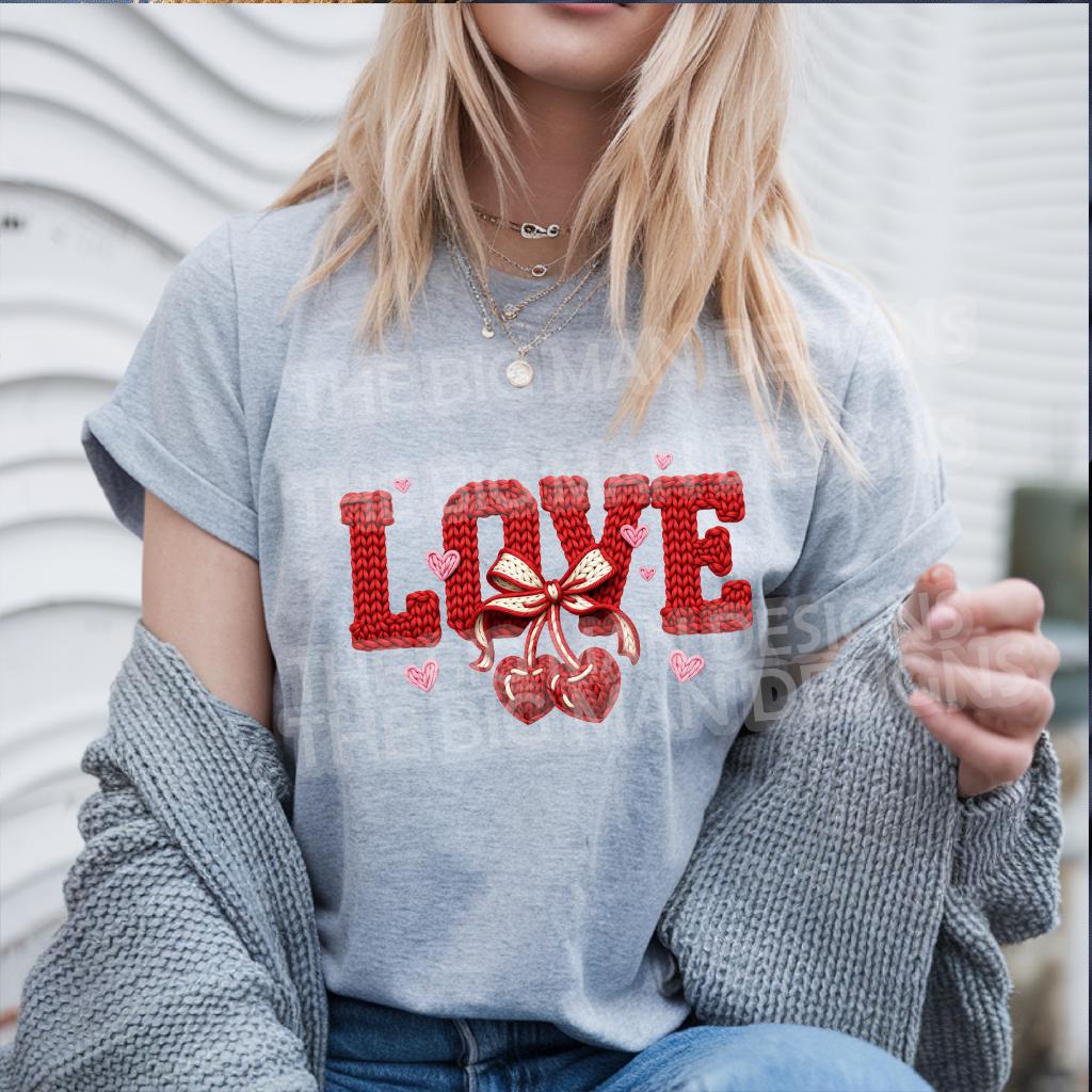 Crochet style LOVE Valentine DTF heat transfer on lifestyle t shirt mockup