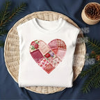 Quilted heart Valentine DTF heat transfer on white shirt flat lay mockup