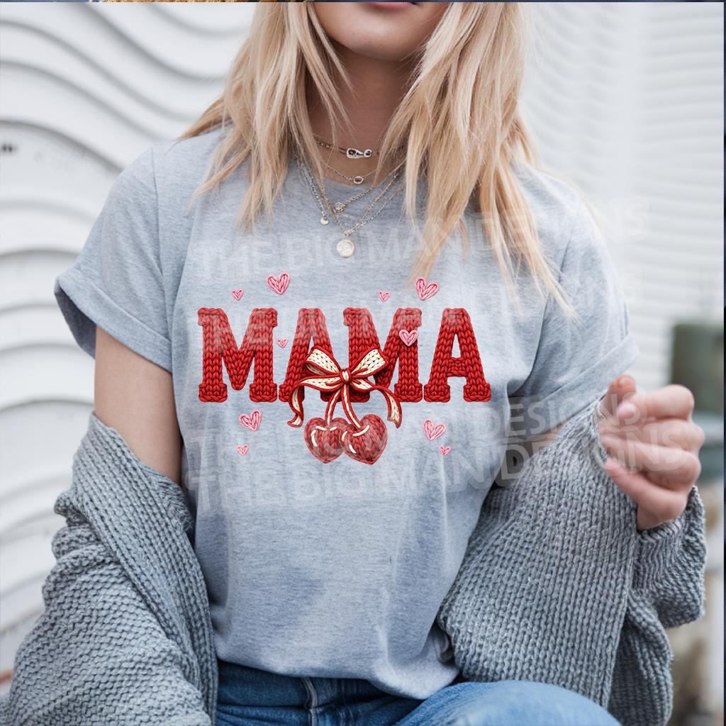 Crochet MAMA Valentine DTF heat transfer on lifestyle shirt mockup