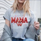Crochet MAMA Valentine DTF heat transfer on lifestyle shirt mockup