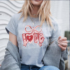 Crochet style LOVE Valentine DTF heat transfer on lifestyle t shirt mockup