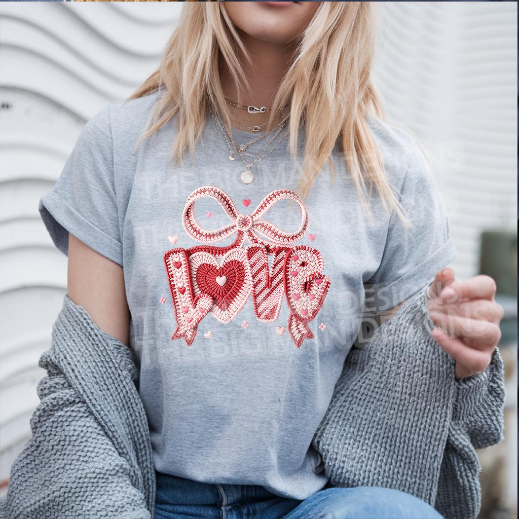 Crochet style LOVE Valentine DTF heat transfer on lifestyle t shirt mockup