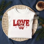 Faux yarn LOVE Valentine DTF transfer on white t shirt flat lay mockup