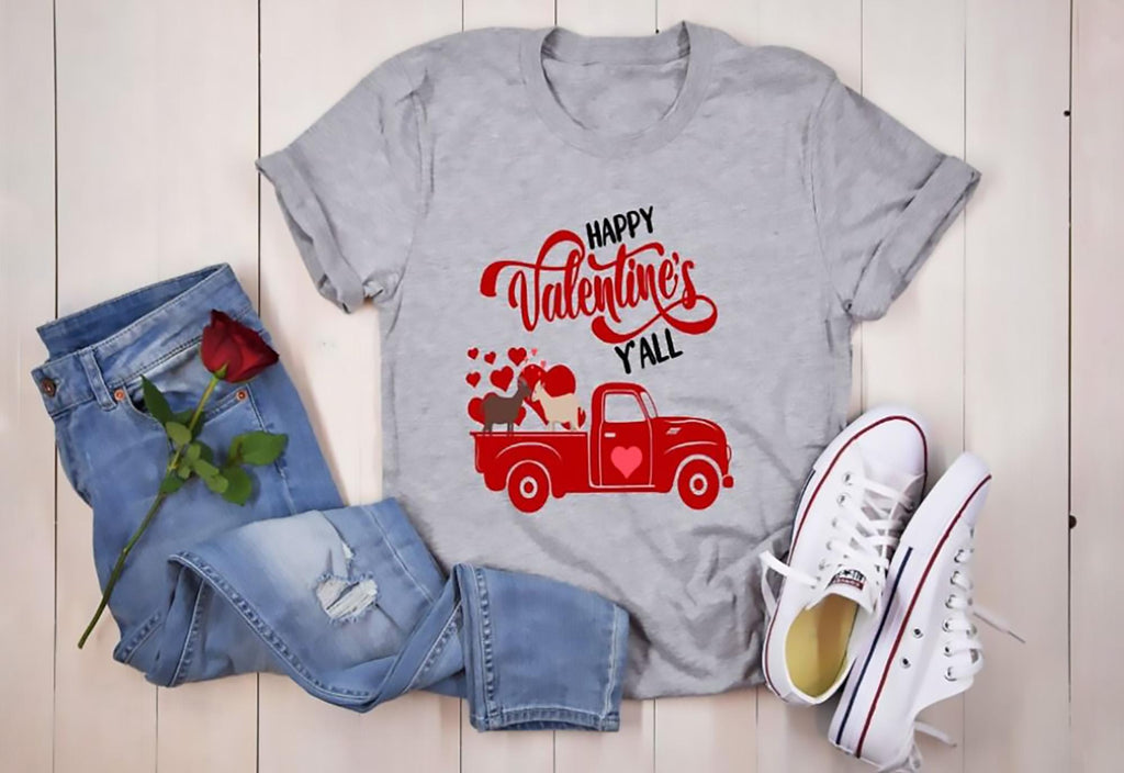 Goat shirt featuring Happy Valentines Yall red truck Valentine design printed on soft Gildan tee. Cute gift for goat lovers.