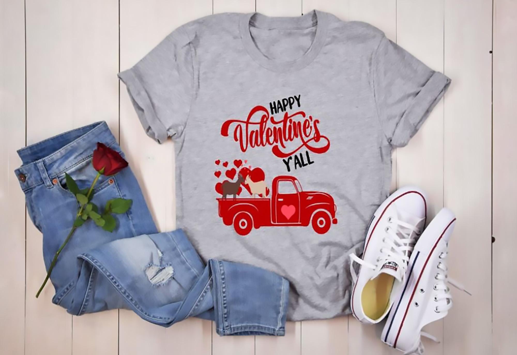 Goat shirt featuring Happy Valentines Yall red truck Valentine design printed on soft Gildan tee. Cute gift for goat lovers.