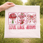 Love Like Jesus Christian Valentine floral bow cross DTF transfer on white t-shirt mockup
