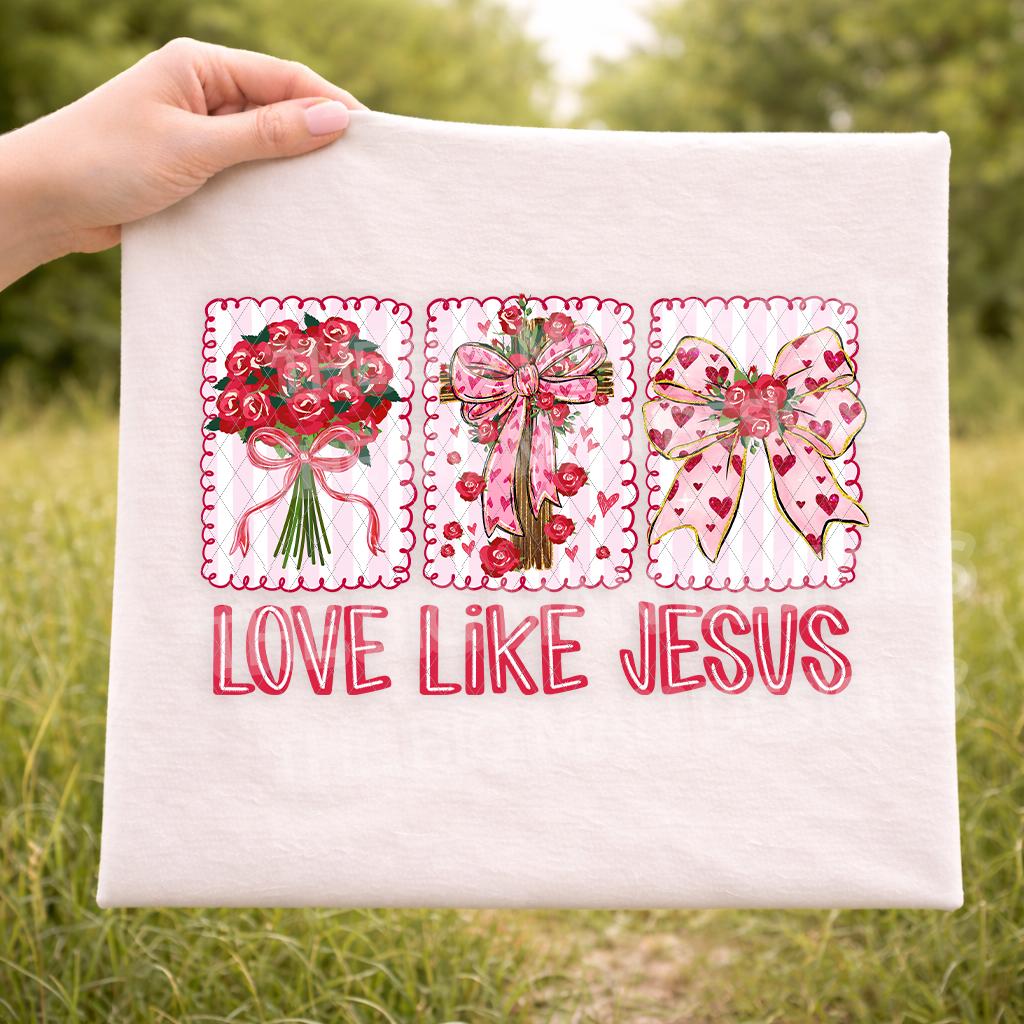 Love Like Jesus Christian Valentine floral bow cross DTF transfer on white t-shirt mockup