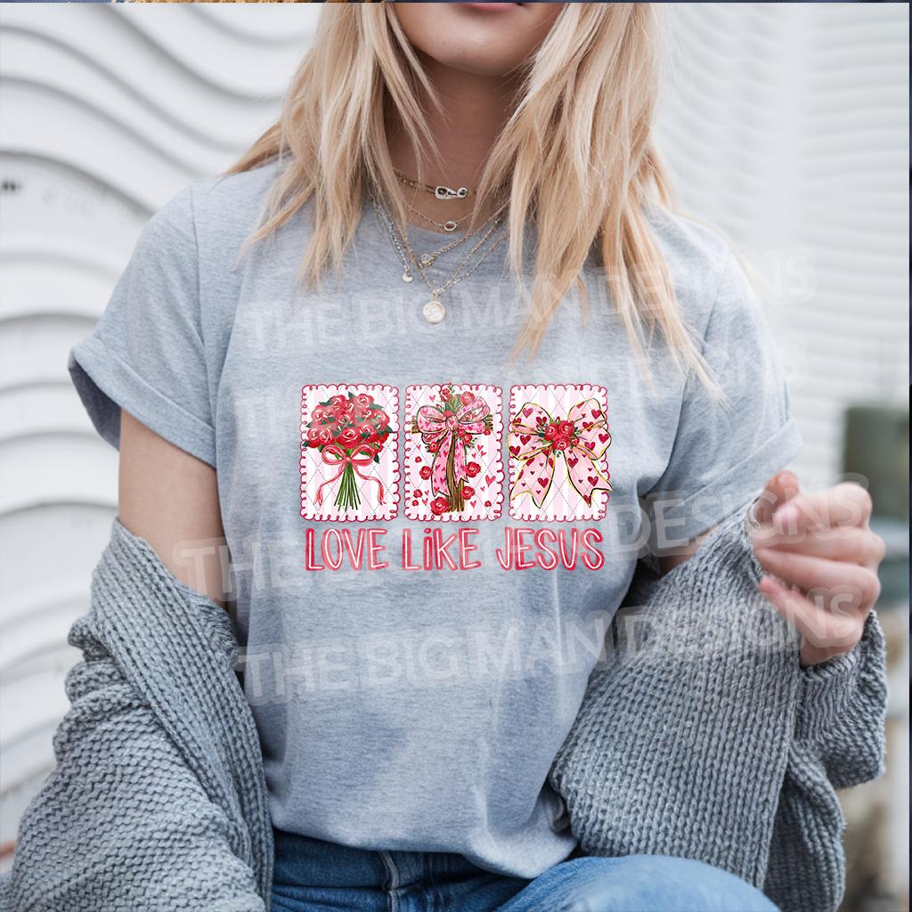 Woman wearing Love Like Jesus Christian Valentine floral bow cross shirt