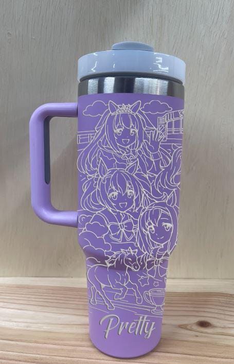 Purple 40oz Uma Musume Pretty Derby laser engraved tumbler with handle and personalized name, stainless steel anime travel cup