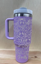 Purple 40oz Uma Musume Pretty Derby laser engraved tumbler with handle and personalized name, stainless steel anime travel cup