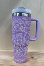 Side view of personalized Uma Musume Pretty Derby tumbler with handle, custom name engraving on purple 40oz stainless steel anime cup