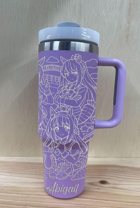 Side view of personalized Uma Musume Pretty Derby tumbler with handle, custom name engraving on purple 40oz stainless steel anime cup