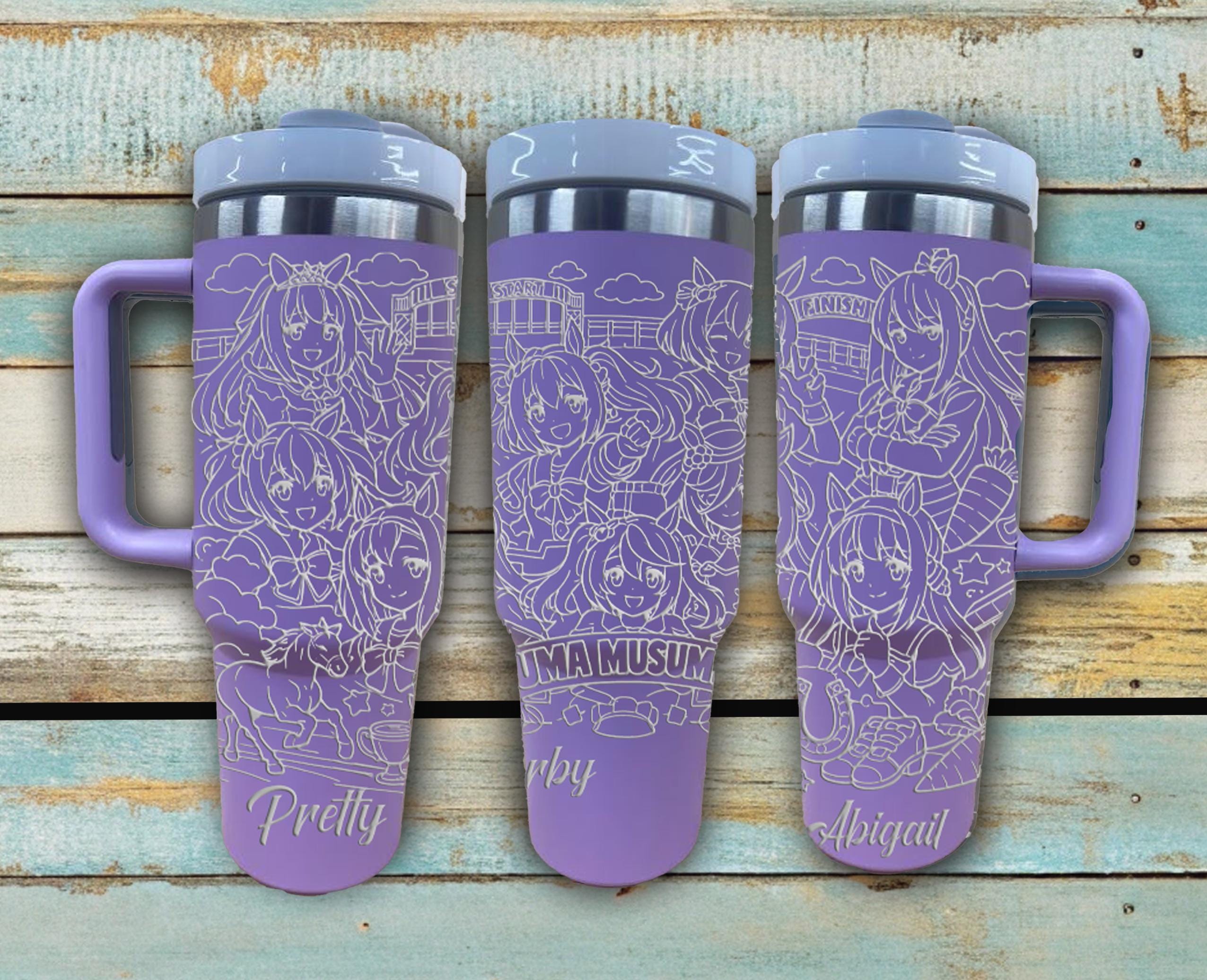 Set of three Uma Musume Pretty Derby laser engraved tumblers showing personalized anime designs on 40oz stainless steel cups