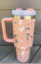 Pink large tumbler with handle laser engraved with hearts, the Betty Boop name and Betty Boop herself doing poses.