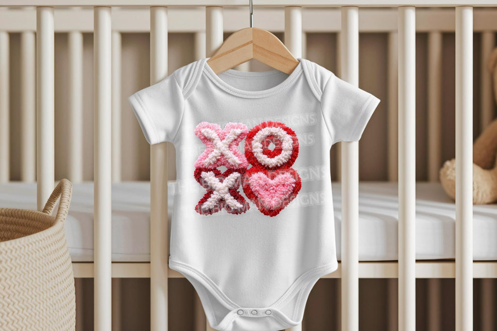 XOXO Faux Latch Hook Onesie | Fuzzy DTF Design in Pink, Red & White!