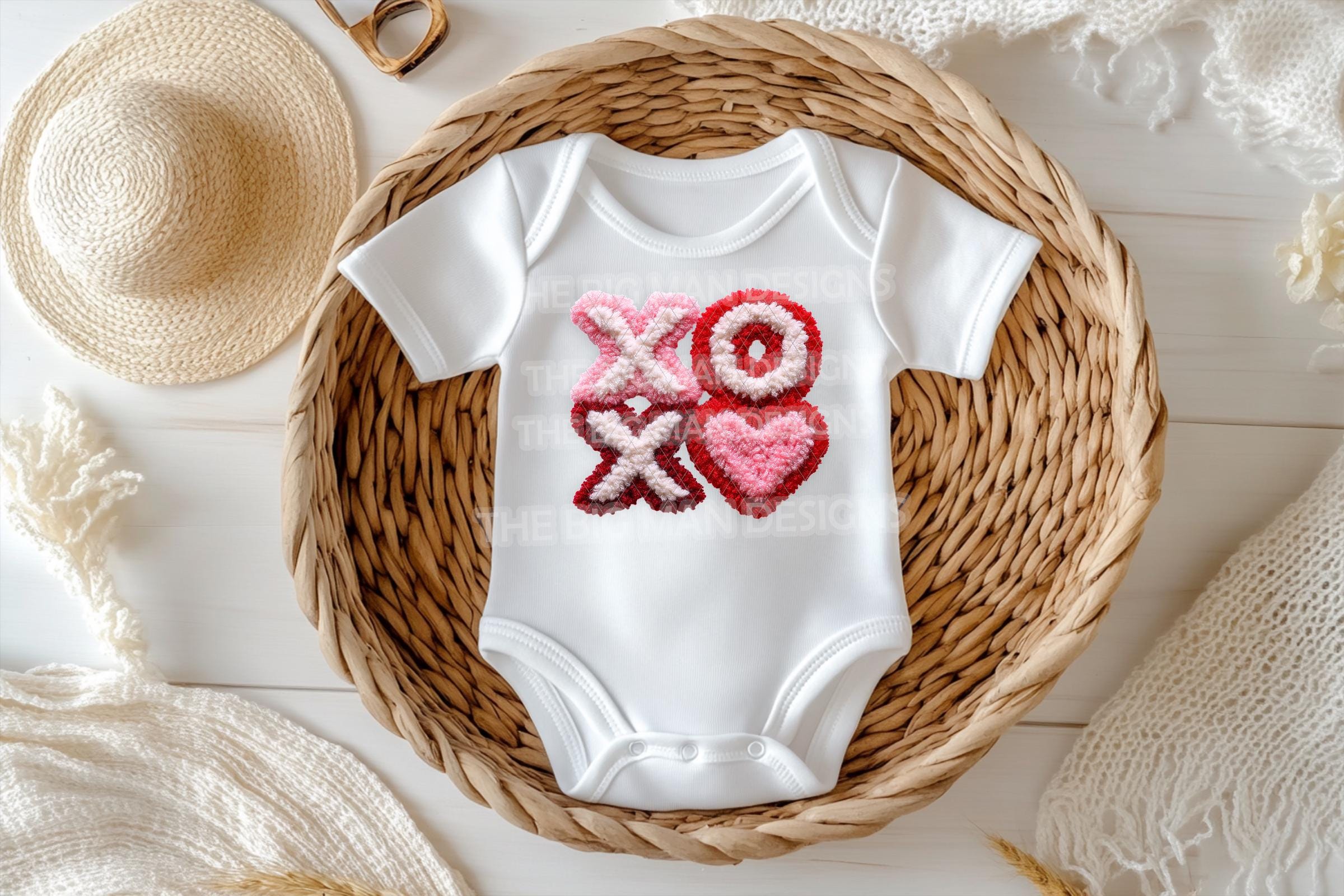 XOXO Faux Latch Hook Onesie | Fuzzy DTF Design in Pink, Red & White!