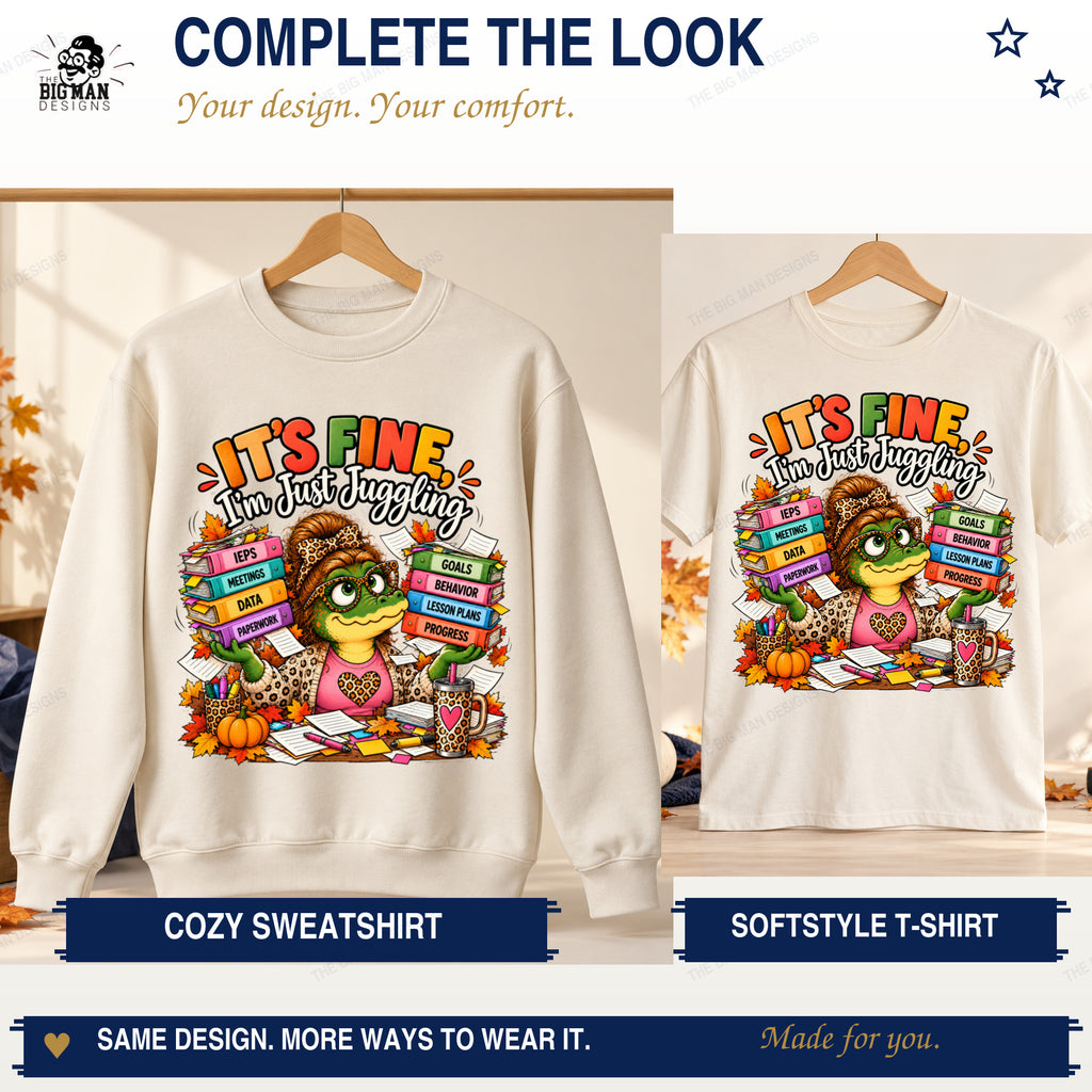 Matching natural juggling gator sweatshirt and Softstyle T-shirt options.