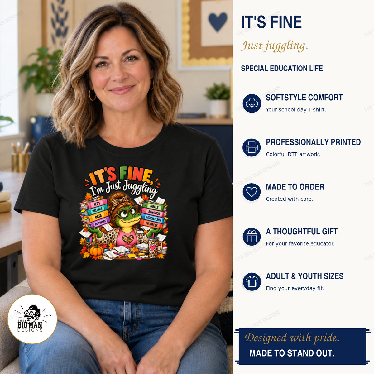 Woman wearing a black It's Fine I'm Just Juggling special education gator shirt with boutique product benefits.