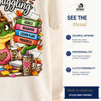 Cropped close-up preview of colorful binders and leopard details on the juggling gator shirt.