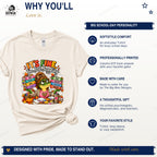 Juggling gator T-shirt benefits including Softstyle comfort, DTF front printing, and made-to-order production.