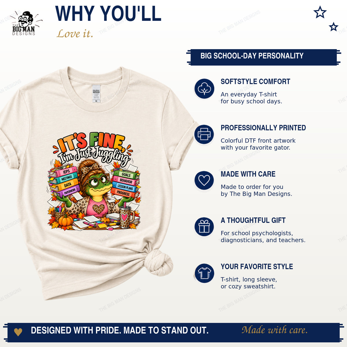 Juggling gator T-shirt benefits including Softstyle comfort, DTF front printing, and made-to-order production.