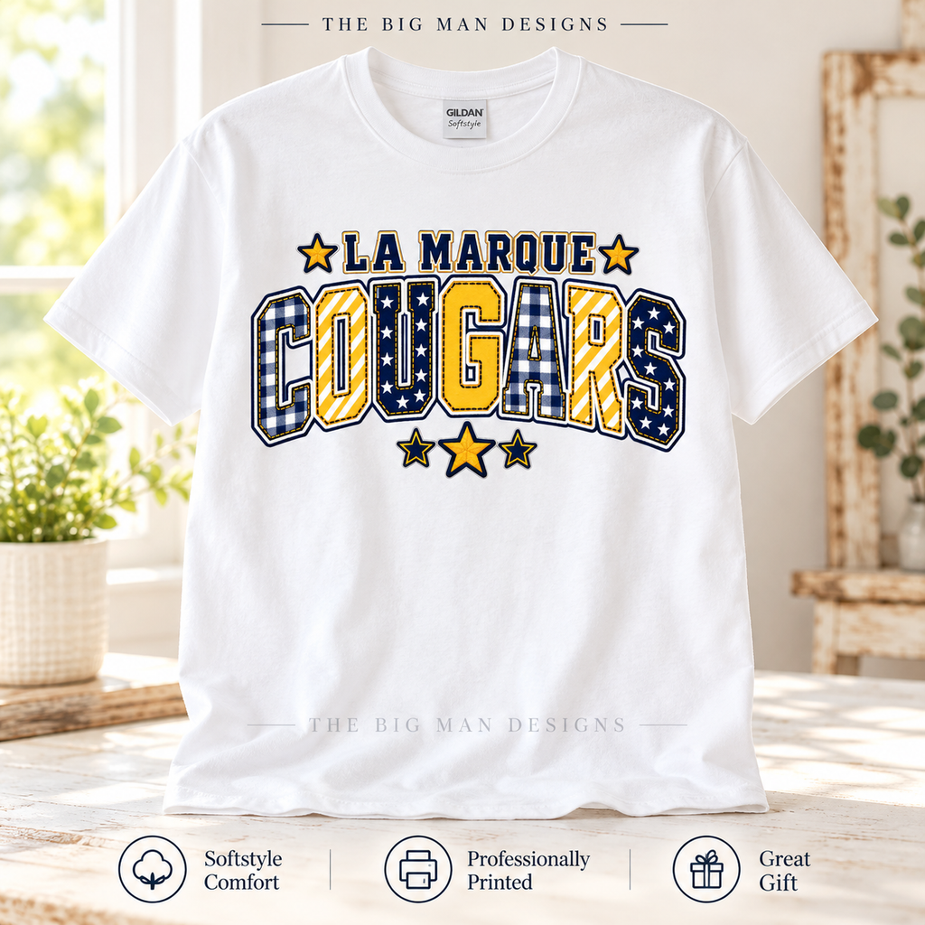 White Gildan Softstyle shirt with La Marque Cougars patchwork varsity lettering, gingham, stripes and stars.