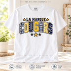 White Gildan Softstyle shirt with La Marque Cougars patchwork varsity lettering, gingham, stripes and stars.