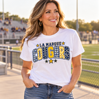 Customer wearing a white La Marque Cougars patchwork varsity school spirit T-shirt.