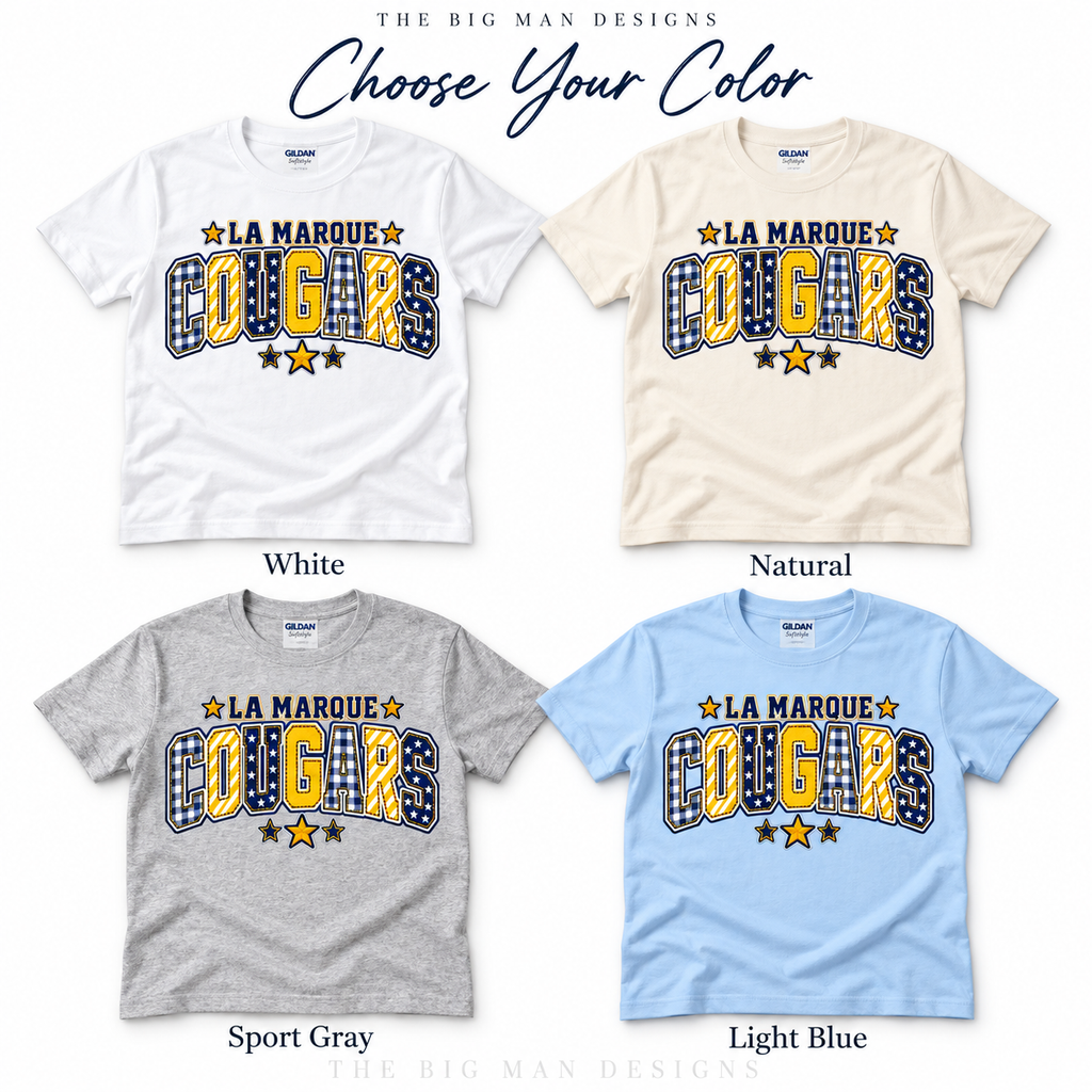 La Marque Cougars patchwork varsity shirt mockups in White, Natural, Sport Gray and Light Blue.