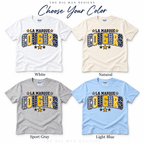 La Marque Cougars patchwork varsity shirt mockups in White, Natural, Sport Gray and Light Blue.