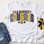 White La Marque Cougars patchwork varsity T-shirt styled in a boutique flat lay.