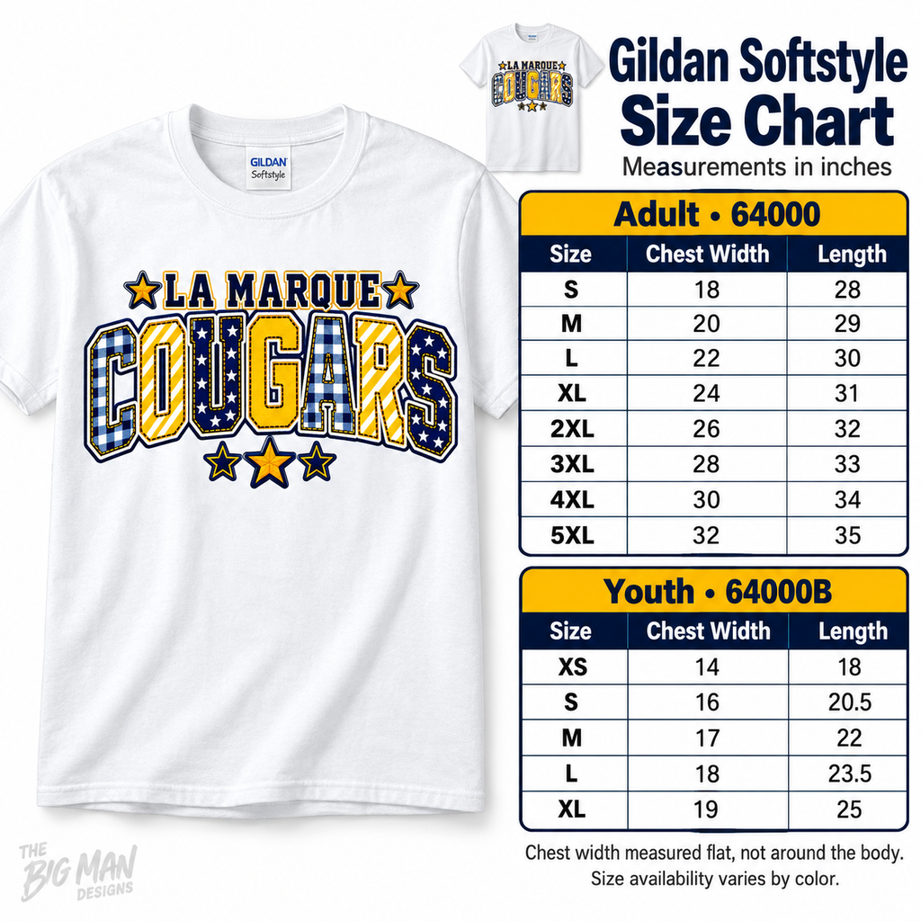 Gildan Softstyle adult and youth shirt size chart with flat chest width and length in inches.