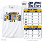 Gildan Softstyle adult and youth shirt size chart with flat chest width and length in inches.