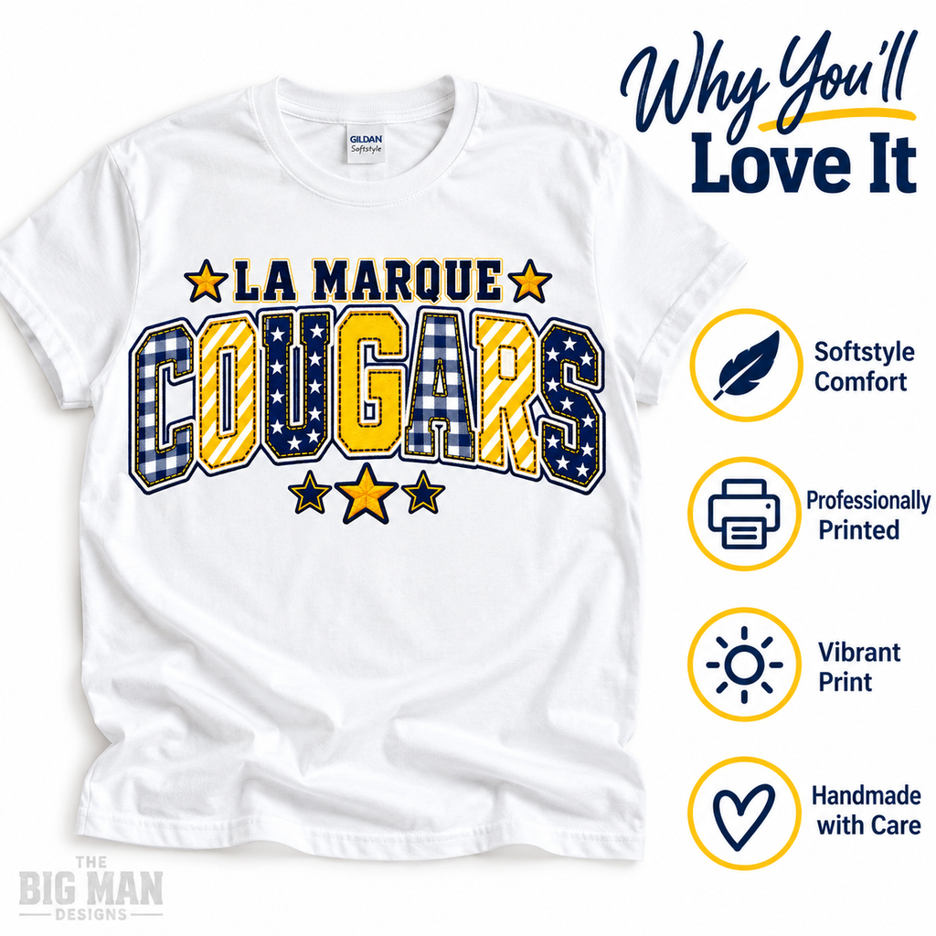 La Marque Cougars patchwork varsity spirit shirt with comfort, printing and gift features.