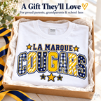 La Marque Cougars patchwork varsity shirt styled as a school spirit gift.