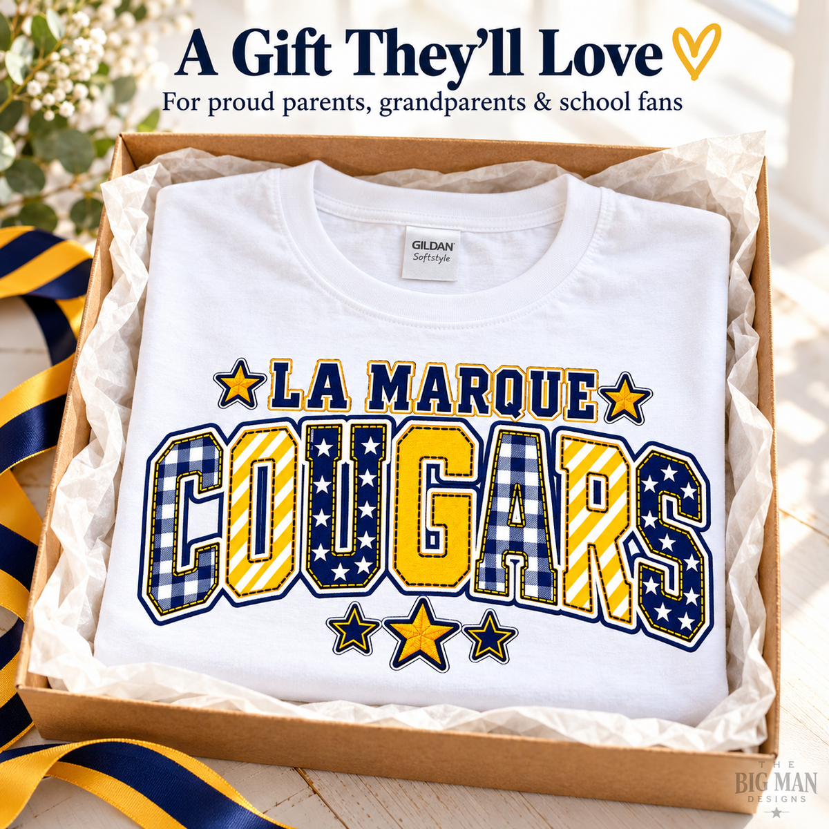 La Marque Cougars patchwork varsity shirt styled as a school spirit gift.